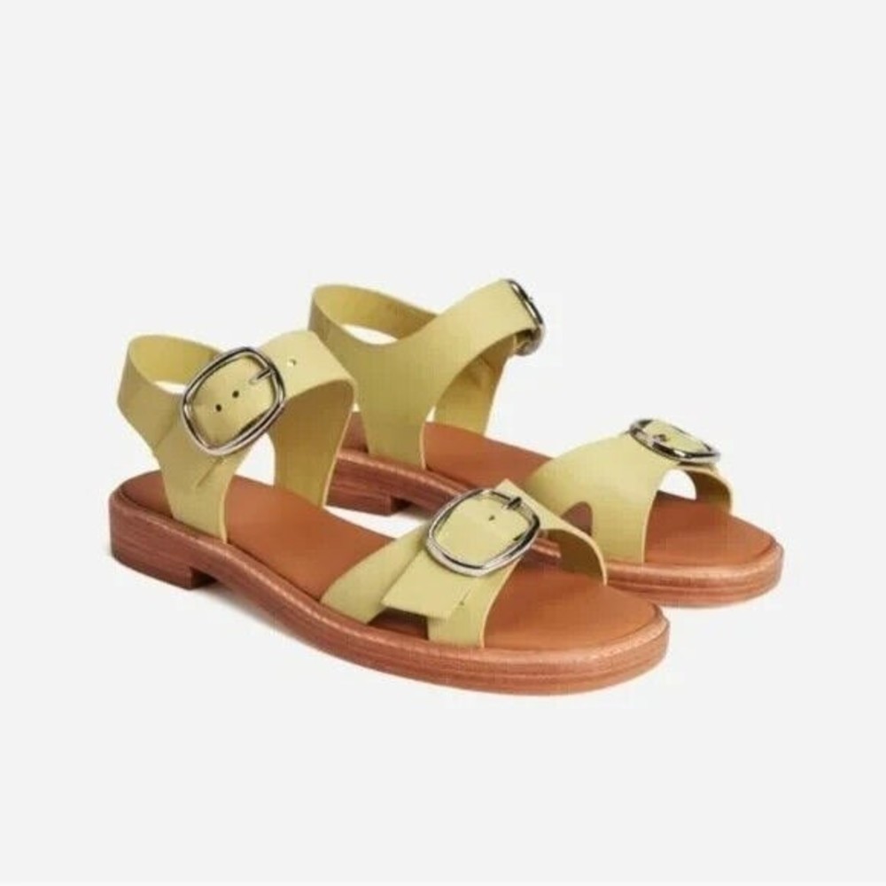 Everlane Women Leek Green  Leather The Twin Buckle Flat Sandals 8